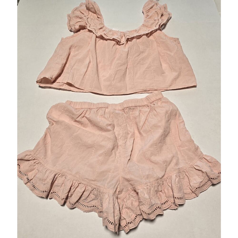 Shabby Chic Womens 2 Piece Pajama Set Size M Pink Eyelet Ruffle Cotton Babydoll